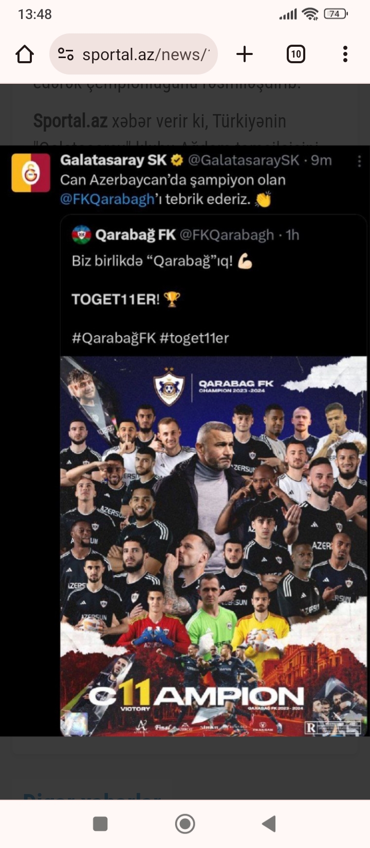"Qalatasaray" "Qarabağ"ı təbrik etdi - FOTO
